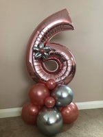 Personalised rose gold number 6 foil balloon with a silver balloon flower on a rose gold and metallic silver balloon base.