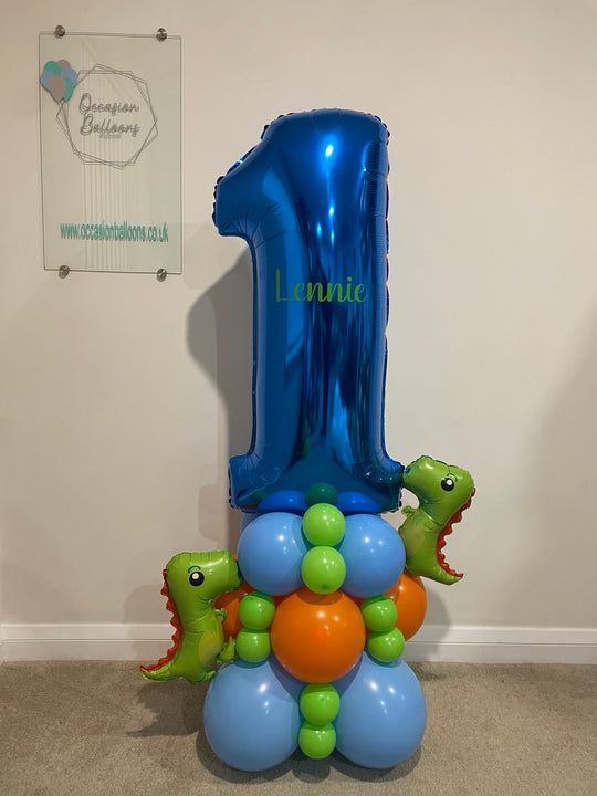 Personalised dinosaur birthday balloon display with your child’s name and age. Collection from Portland and local delivery to Weymouth and Dorchester.