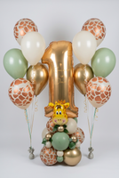 Personalised gold number 1 balloon with a giraffe-themed sage, cream and gold base, beside two matching five-balloon helium bouquets.