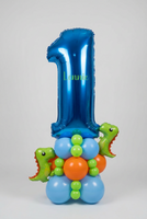 Metallic blue number 1 balloon personalised with Lennie, on a blue, orange and green balloon base with two mini dinosaur balloons.