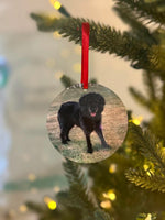 Double-sided personalised photo Christmas bauble featuring a different pet photo on each side