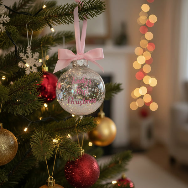 Personalised First Christmas clear bauble with pink name lettering and matching pink ribbon