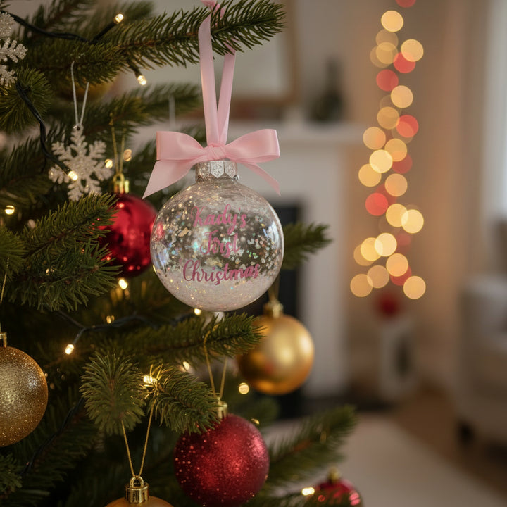 Personalised First Christmas clear bauble with pink name lettering and matching pink ribbon