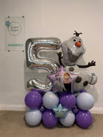 Silver number 5 balloon personalised with Esme, alongside Olaf and an Anna and Elsa star balloon, on a purple and pale blue base with foil stars.