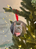 Personalised flat photo Christmas bauble featuring two dogs with red hanging ribbon