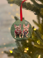 Personalised flat photo Christmas bauble featuring two dogs with red hanging ribbon