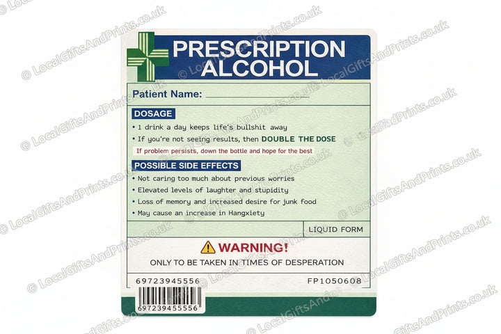 Personalised Prescription Alcohol novelty bottle label with custom name – label only, bottle not included