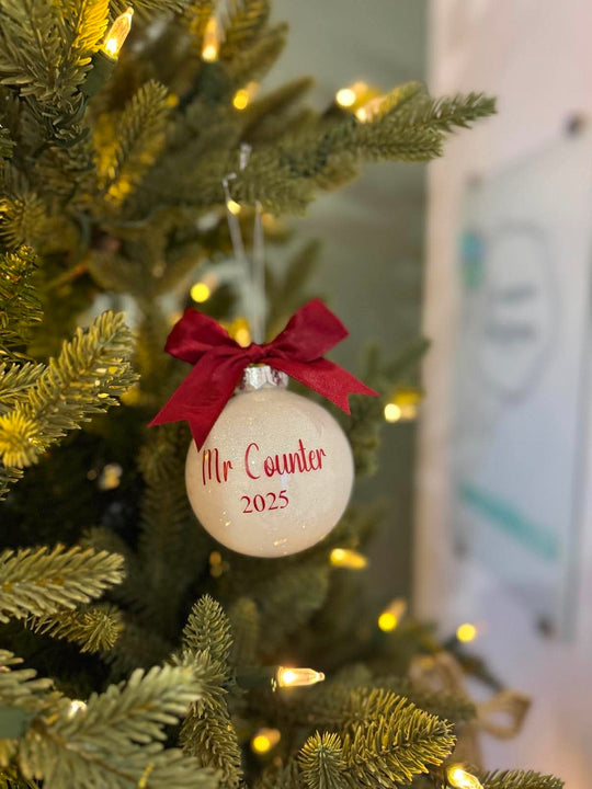 Personalised teacher Christmas bauble with name and year