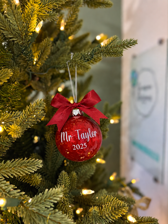 Personalised teacher Christmas bauble with name and year