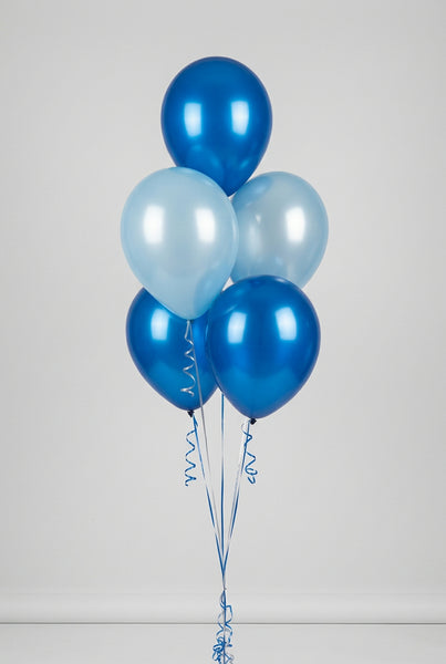 Bouquet of five light blue and metallic blue helium balloons with coordinating curling ribbons.