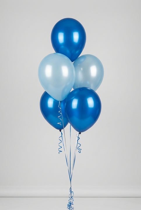 Bouquet of five light blue and metallic blue helium balloons with coordinating curling ribbons.