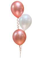 Two rose gold and white helium balloon bouquets, each containing three latex balloons with curling ribbons