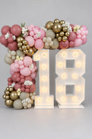 White light-up 18 numbers framed by a pink, cream and gold balloon garland.